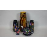 A collection of Royal Stanleyware Jacobean ceramics, a tall vase with figural gilded decoration, a