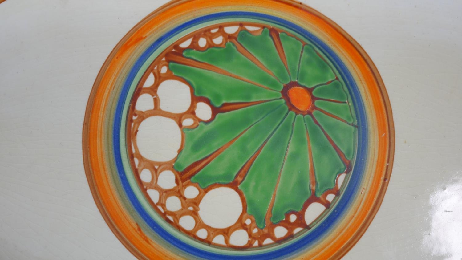 Clarice Cliff, Broth pattern A shape 334 sandwich tray, hand painted with a central roundel of green - Image 3 of 5