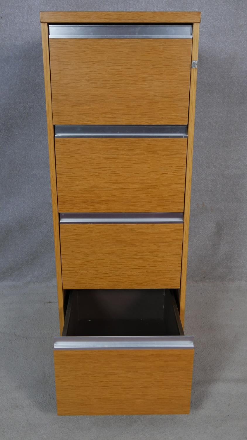 A vintage light oak veneered and aluminium four drawer filing cabinet with lock and key. H.133 W. - Image 2 of 6