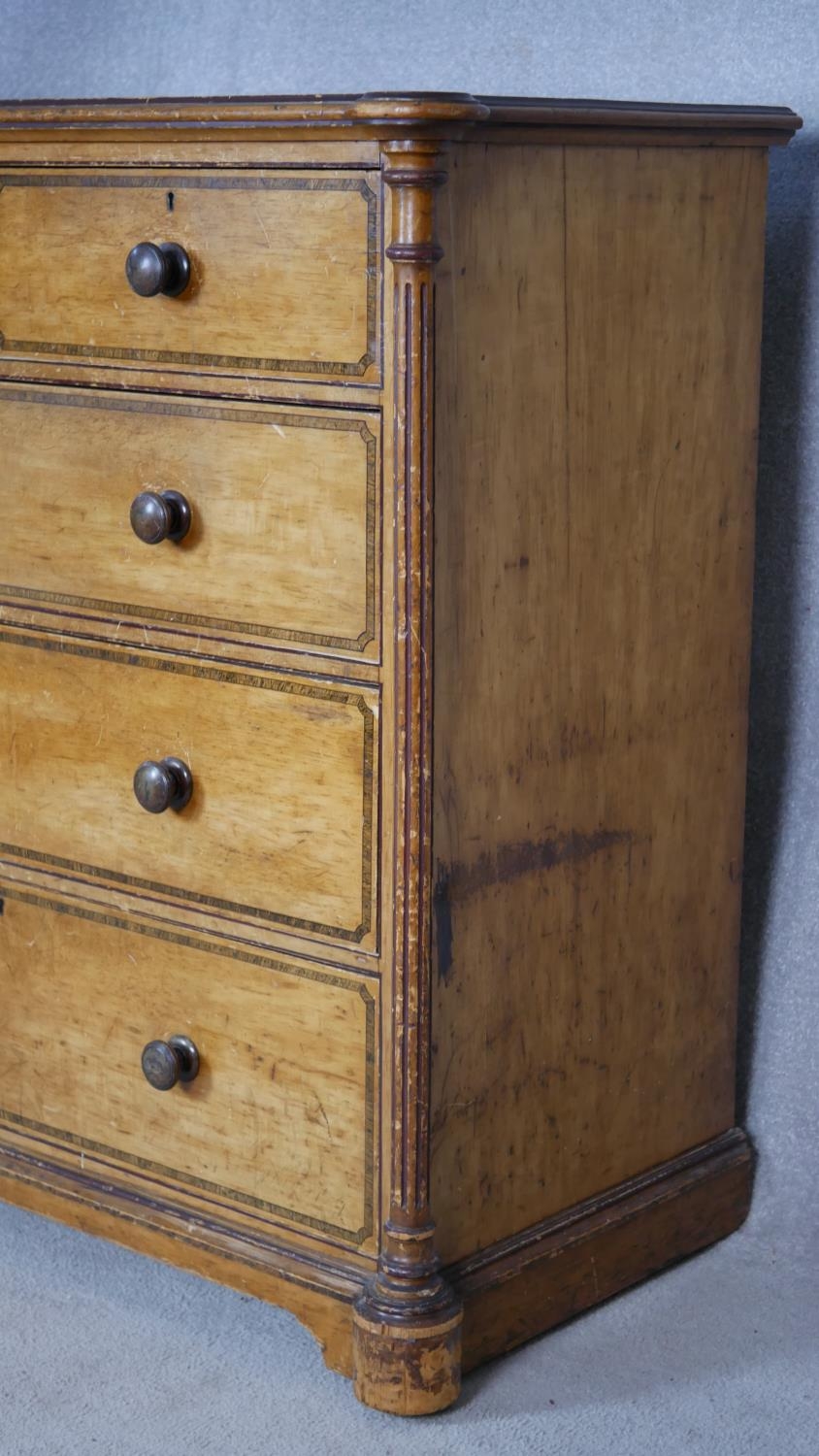 A late Victorian Aesthetic movement pitch pine chest of drawers with painted and ebonised decoration - Image 3 of 8