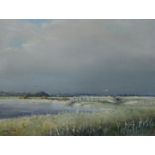 A framed oil on canvas by John Rootes. Titled 'Glimpse of winter sunshine, Pett Level'. Signed and