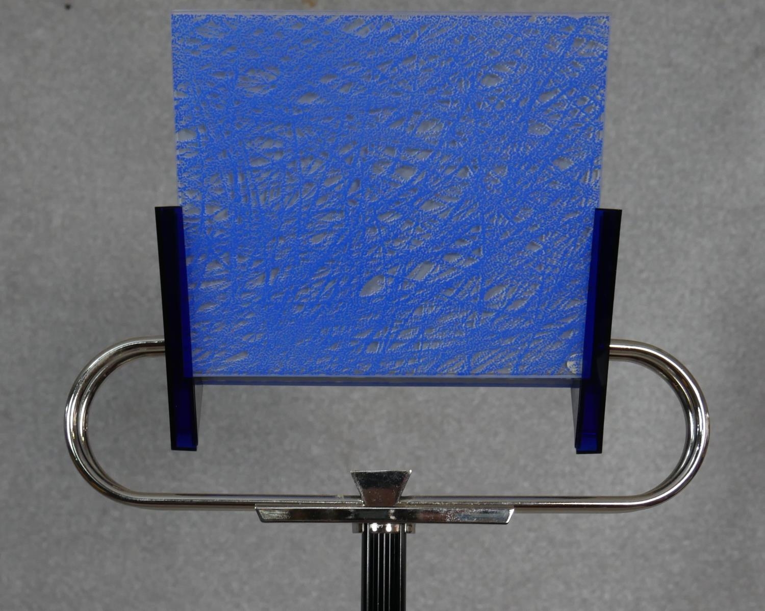 A contemporary Art Deco style standard uplighter with blue acrylic shade panels. H.196cm - Image 3 of 5