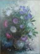 Theo van der Poel (b.1942), a framed oil on canvas, still life flowers in a vase, signed. H.100 W.