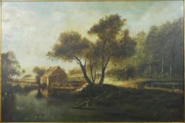 An oil on canvas in carved gilt wood frame, A mill by a river in wooded landscape, signed J Vincken.