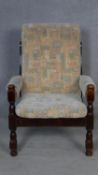 A vintage beech framed armchair. H.94 W.62 D.75cm
