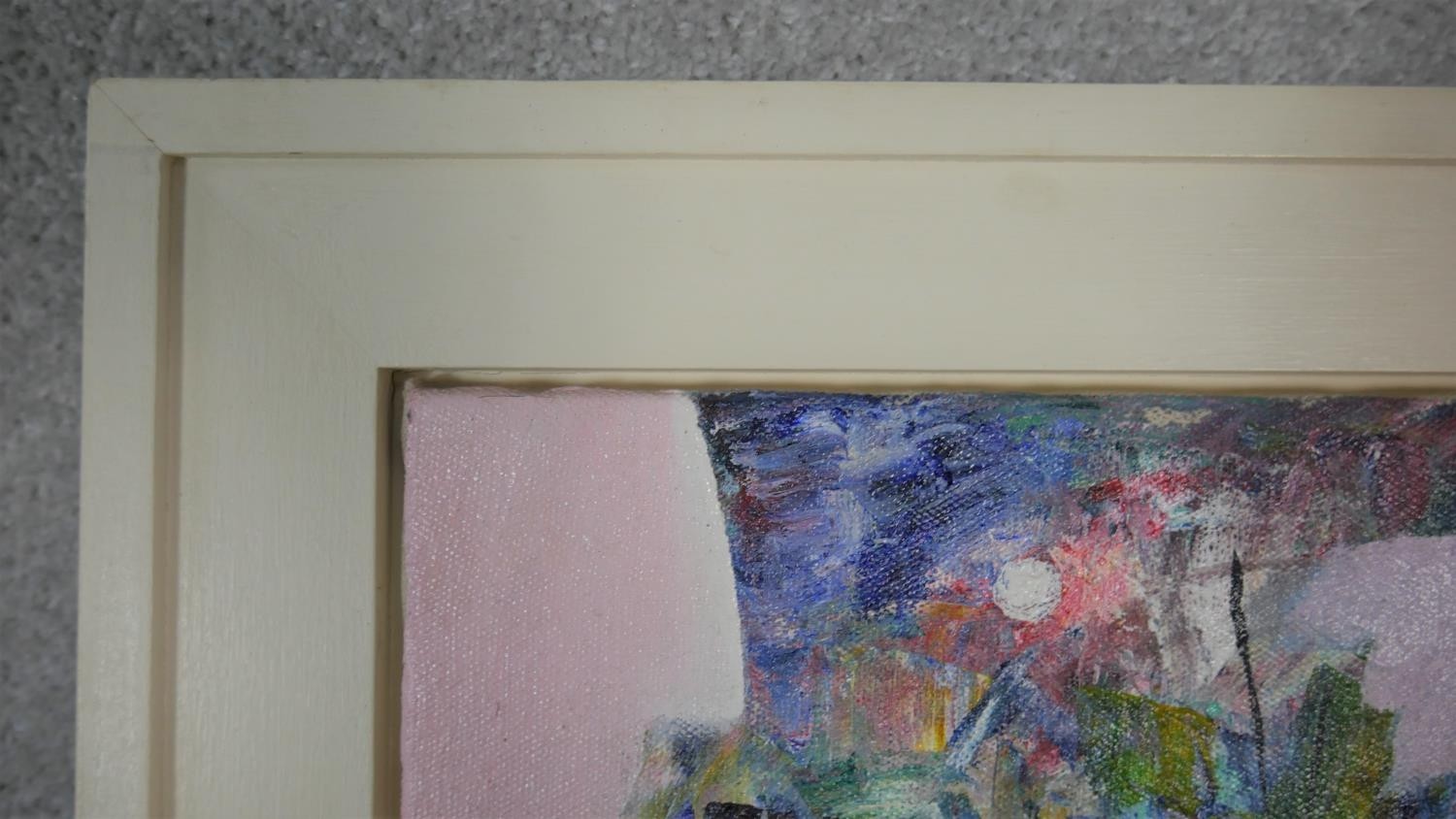 A framed oil on canvas, abstract Chinese figures, indistinctly signed. H.62.5 W.62.5cm - Image 4 of 5