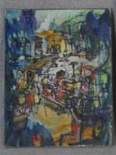 An oil on canvas depicting an abstract market place with café scene. Indistinctly signed. H.58 W.