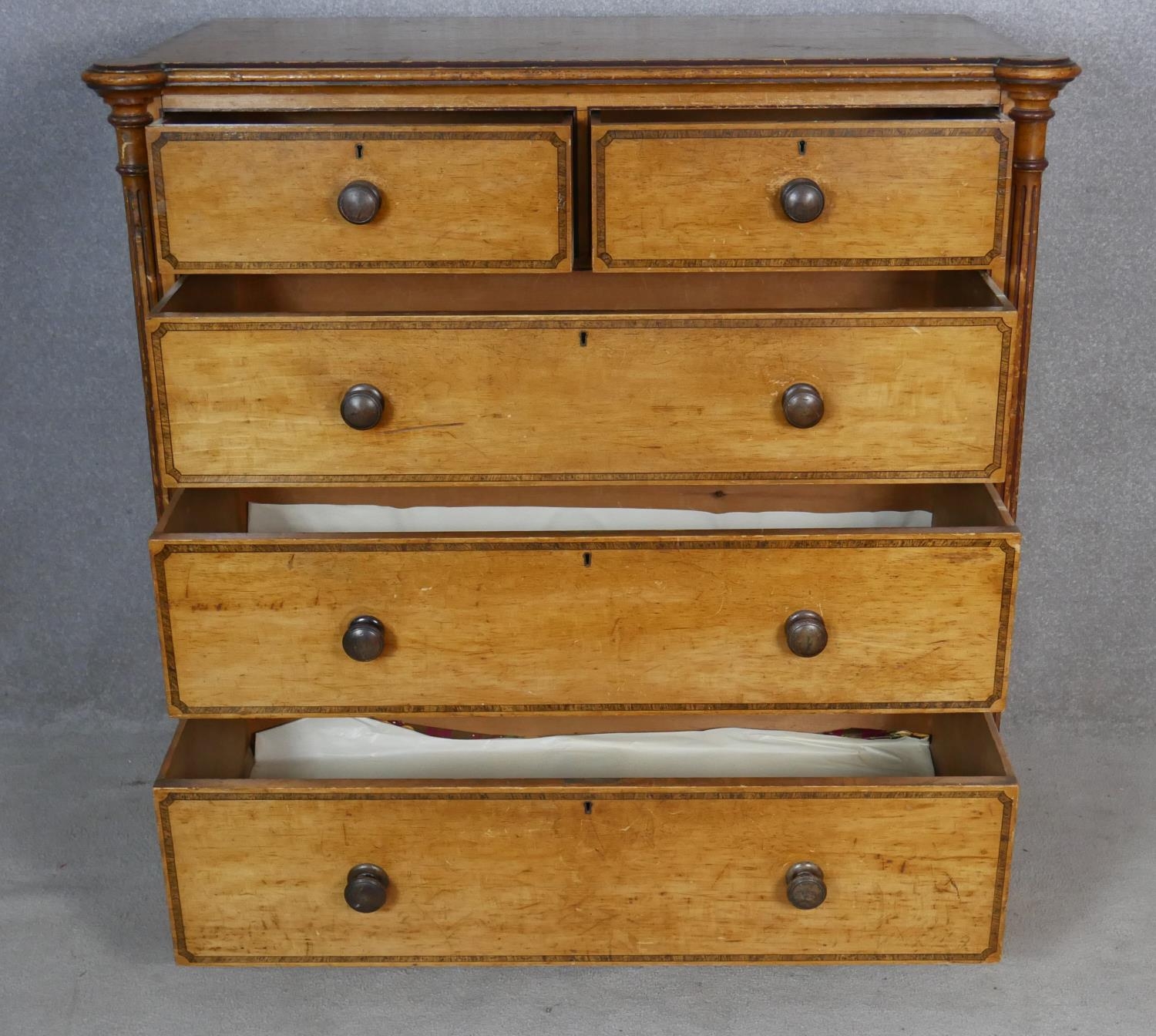 A late Victorian Aesthetic movement pitch pine chest of drawers with painted and ebonised decoration - Image 2 of 8
