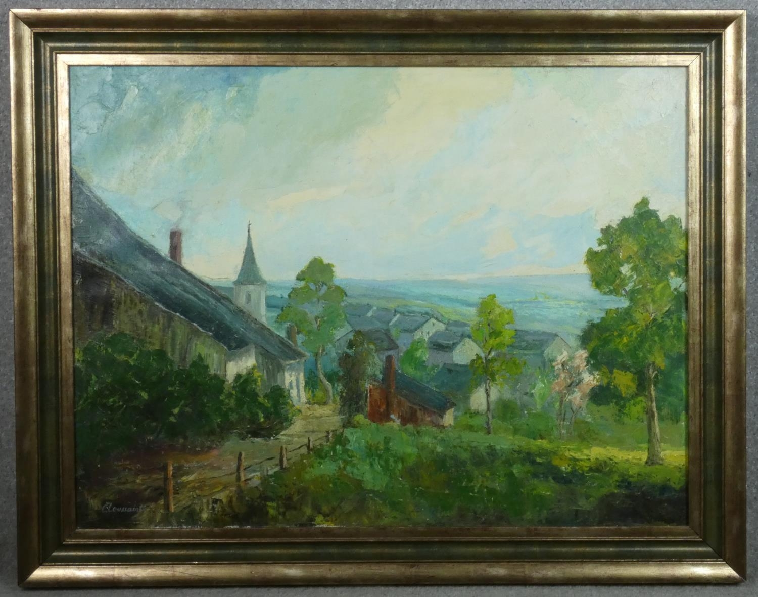 A gilt framed oil on canvas, Continental village in hilly landscape, signed E Toussaint. H.73 W.93cm - Image 2 of 5