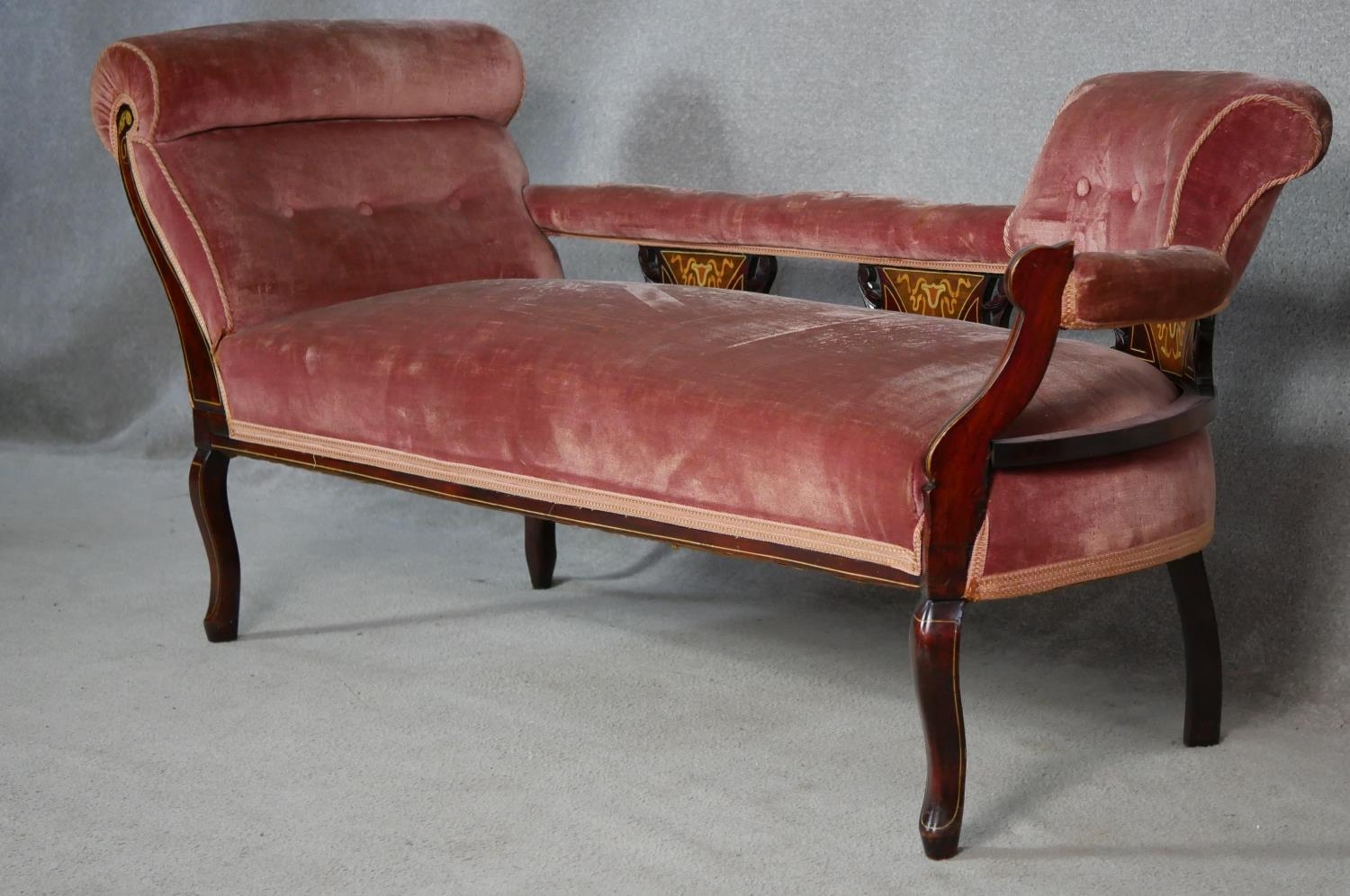 A late Victorian mahogany framed double end chaise longue in buttoned velour upholstery and with - Image 2 of 6