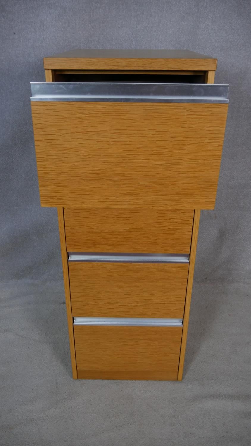 A vintage light oak veneered and aluminium four drawer filing cabinet with lock and key. H.133 W. - Image 5 of 6