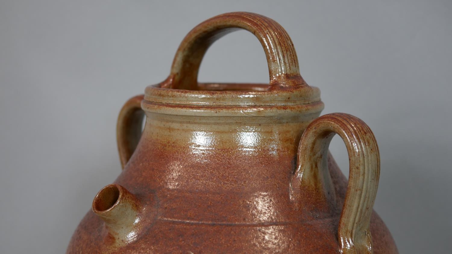 A Victorian cranberry glass jug, a stoneware flagon and two other milk jugs. H.34cm (Tallest) - Image 3 of 15