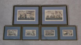 Six framed and glazed antique hand coloured naval engravings to feature 'Antelope packet approaching