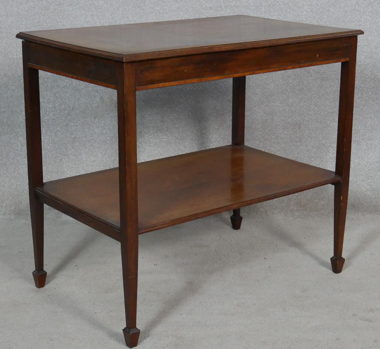 A C.1900 mahogany and satinwood inlaid two tier occasional table. H.76 L.84 W.53cm - Image 3 of 5