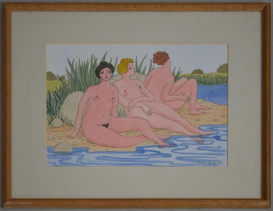 A framed and glazed watercolour, bathers, signed and dated Ursula Smith. H.40.5 W.50cm - Image 2 of 5