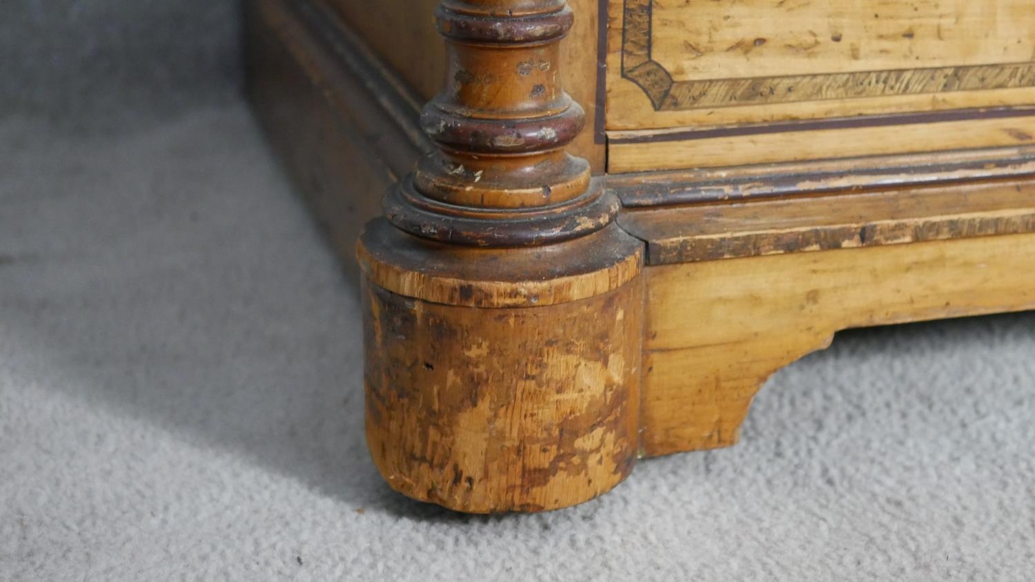 A late Victorian Aesthetic movement pitch pine chest of drawers with painted and ebonised decoration - Image 7 of 8