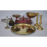 A vintage set of Miles & Co red weighing scales with set of weights, an antique engraved brass tray,