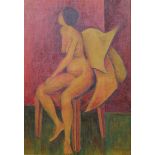 A framed oil on canvas depicting a nude female on a chair. Indistinctly signed. H.67 W.48cm