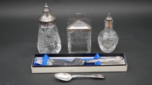A collection of silver and silver plate items to include a Georgian silver tea spoon, EC London,