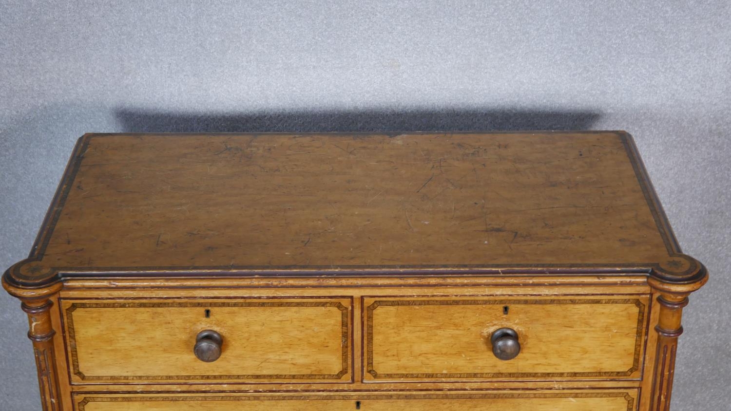 A late Victorian Aesthetic movement pitch pine chest of drawers with painted and ebonised decoration - Image 8 of 8