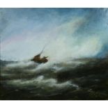 A gilt framed oil on canvas, small craft in heavy seas, indistinctly signed. H.89 W.99xcm approx.