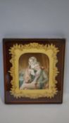 A 19th century framed and glazed antique miniature of a husband and wife in the drawing room reading