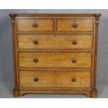 A late Victorian Aesthetic movement pitch pine chest of drawers with painted and ebonised decoration