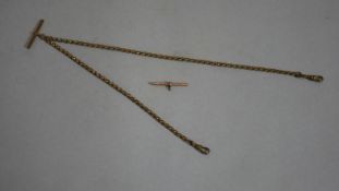An antique diamond cut rolled gold rolo link Albert watch chain with two clip ends and 9ct rose gold
