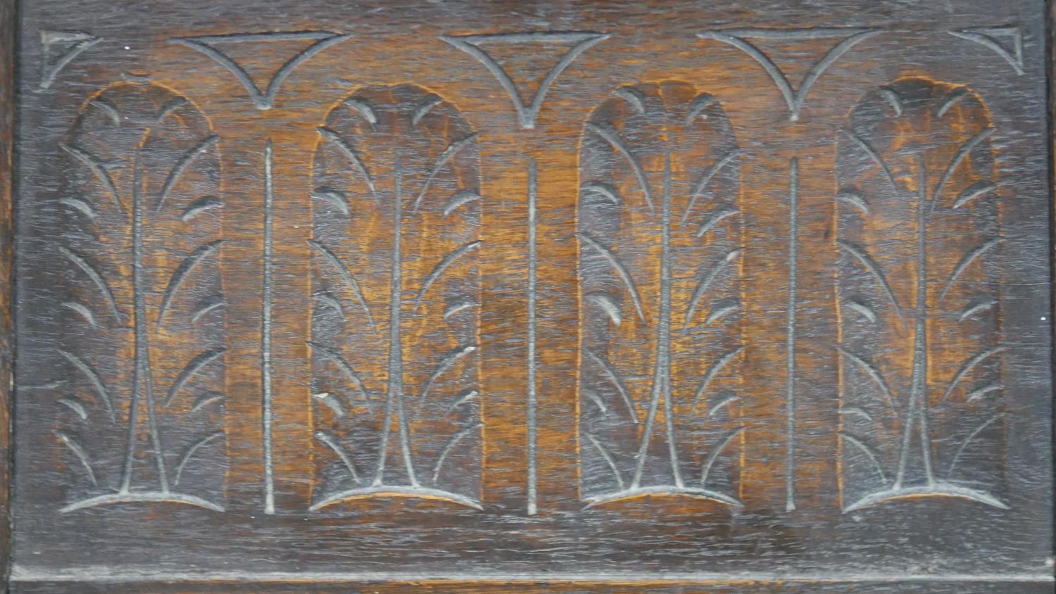 A 19th century oak Jacobean style joint stool with carved panelled coffer section on turned - Image 3 of 4