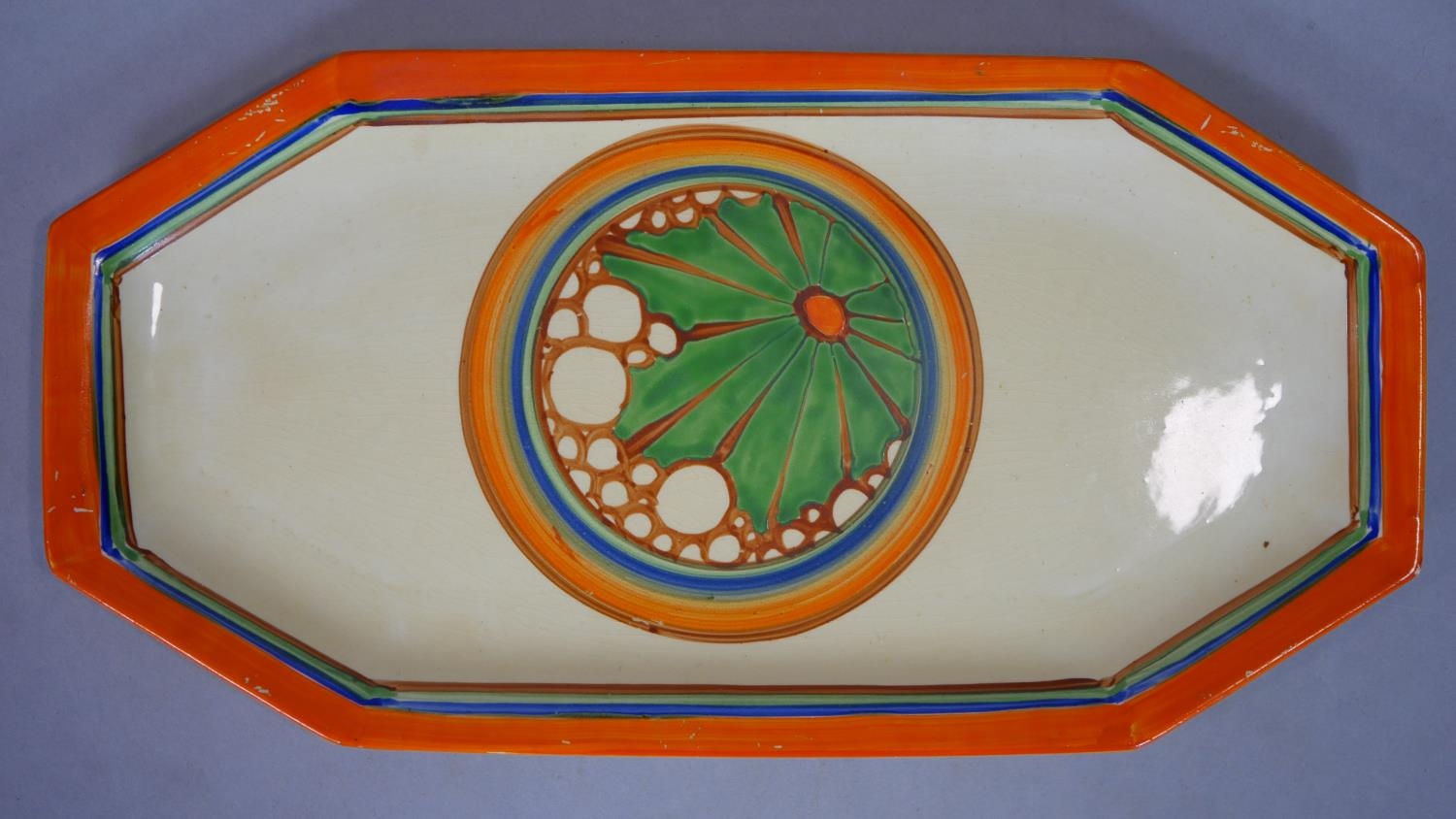 Clarice Cliff, Broth pattern A shape 334 sandwich tray, hand painted with a central roundel of green