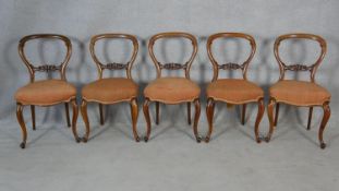 A set of five carved mahogany balloon back dining chairs with stuff over seats on cabriole supports.