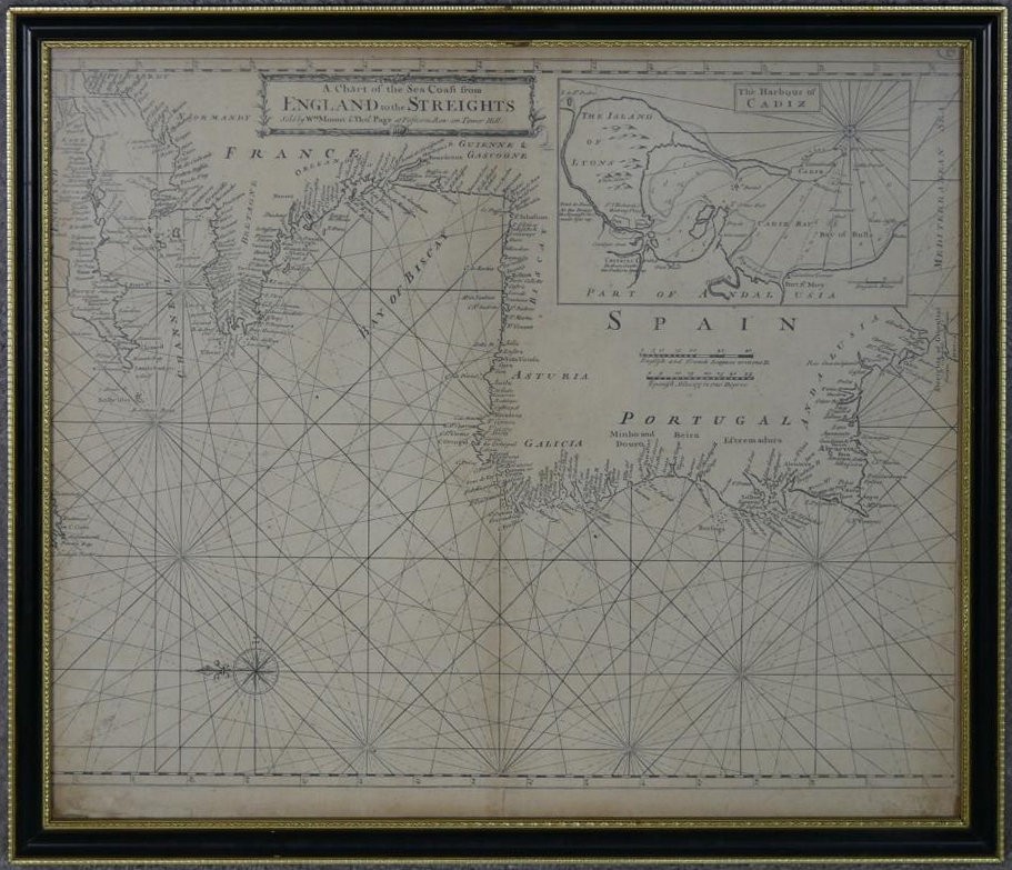 An antique framed and glazed engraved sailing chart of 'England to the Streights'. Sold by William - Image 2 of 10