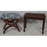 A 19th century mahogany piano stool with rise and fall action and floral loose cover and a