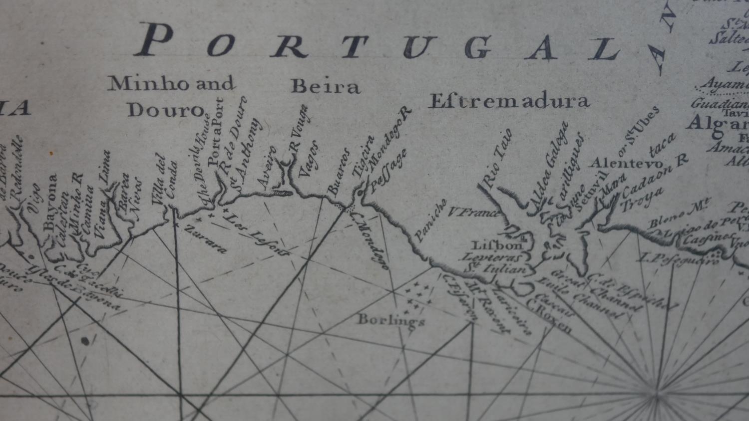 An antique framed and glazed engraved sailing chart of 'England to the Streights'. Sold by William - Image 7 of 10