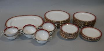 A part dinner service, Aynsley Durham with scalloped edge, ten dinner plates, a large platter,