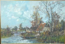 A framed oil on canvas, farm by a river village, signed Baguet. 110x81cm.