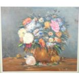 A framed oil on canvas, still life flowers, signed De Roover. 88x78cm approx.