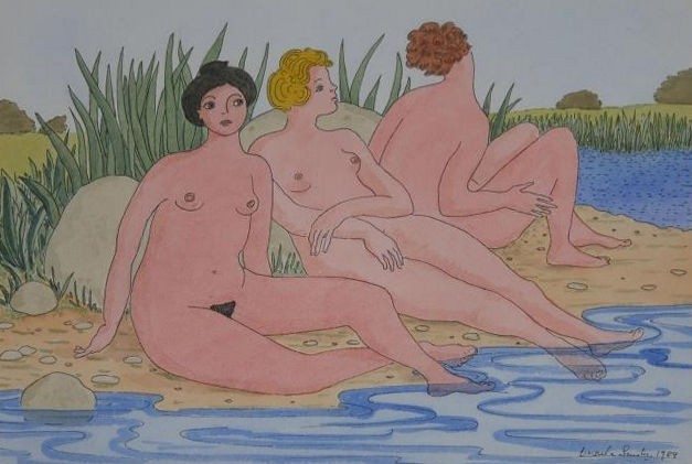 A framed and glazed watercolour, bathers, signed and dated Ursula Smith. H.40.5 W.50cm