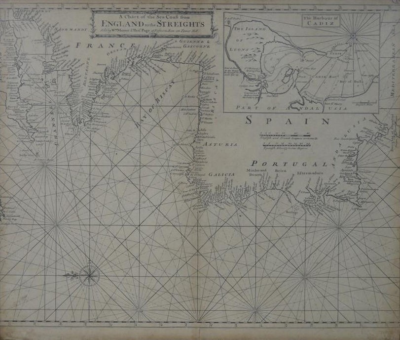 An antique framed and glazed engraved sailing chart of 'England to the Streights'. Sold by William