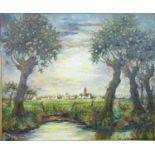 A gilt framed oil on canvas, riverscape with town in distance, signed R de Badrihaye. 108.5x78cm.