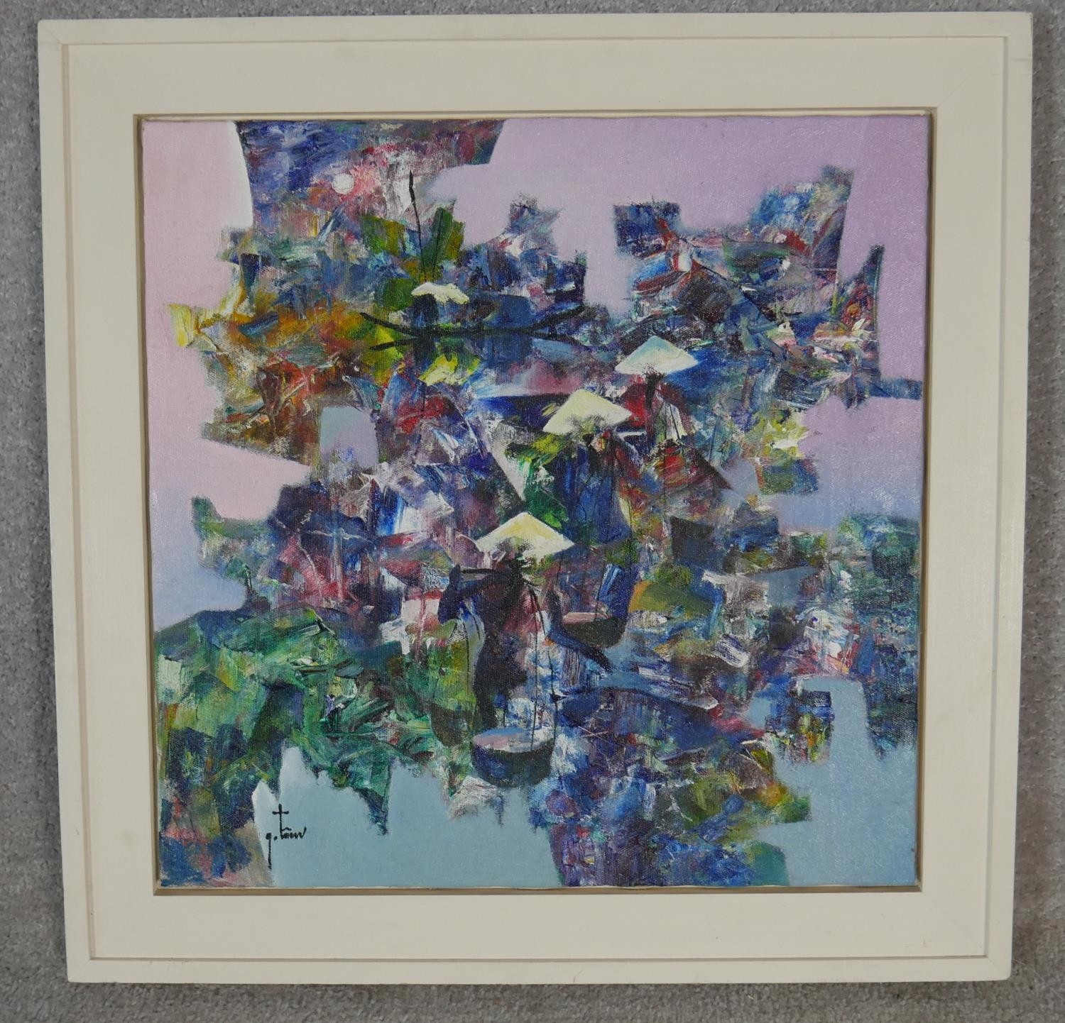 A framed oil on canvas, abstract Chinese figures, indistinctly signed. H.62.5 W.62.5cm - Image 2 of 5