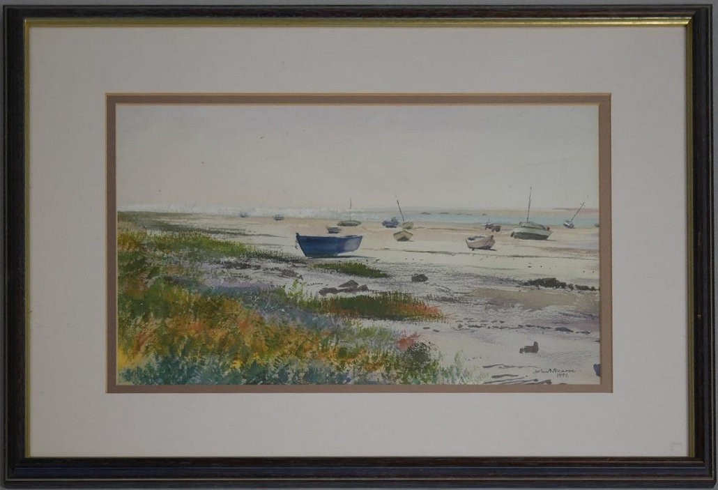 A framed and glazed watercolour, boats at Regenville, signed and dated John Pearce. H.51 W.65.5cm - Image 2 of 7