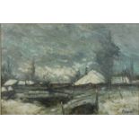 A framed oil on canvas, farmhouse in winter, signed Belnori. 93x108cm.