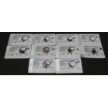 Ten gem set rings with certificates. To include a three stone mystic pink topaz and silver ring, a