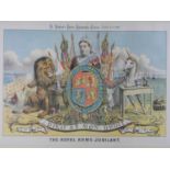 A framed and glazed hand coloured antique engraving of 'The Royal Arms Jubilant', 1887 by Tom Merry.