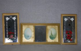 A pair of late 19th century gilt framed etched and hand decorated wall mirrors and a 19th century