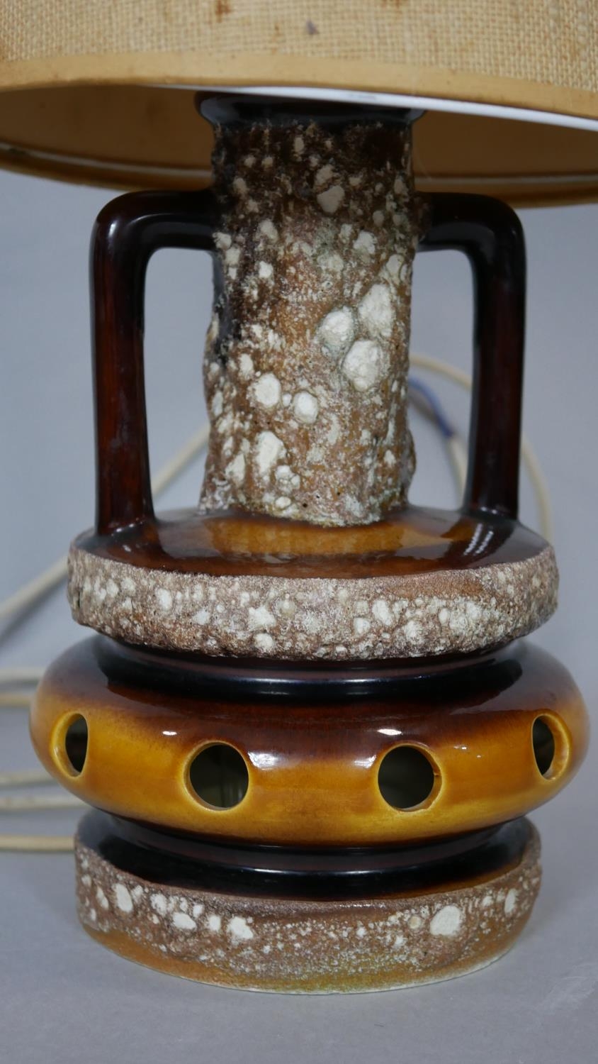 A vintage West German Pottery table lamp with fat lava glaze and its original woven shade. H.78cm ( - Image 2 of 5