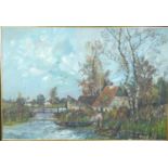 A framed oil on canvas, farm by a river village, signed Baguet. 110x81cm.