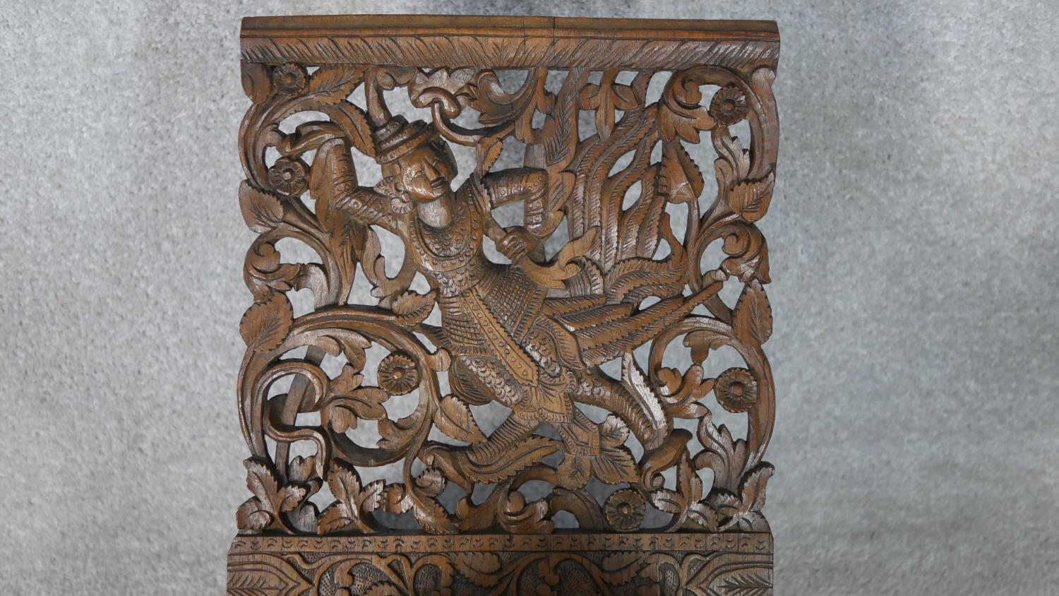 An Anglo-Indian carved pierced hardwood book stand. Decorated with dragons, foliage and flowers - Image 4 of 6