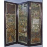 A Victorian scrap screen with three lacquered panels and rosewood frame and gilt slip with all